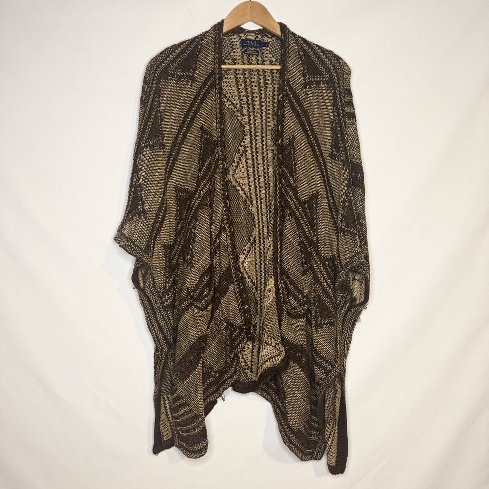 Polo Ralph Lauren Geometric Brown Silk and Linen Blend Open Front Cardigan Sz S